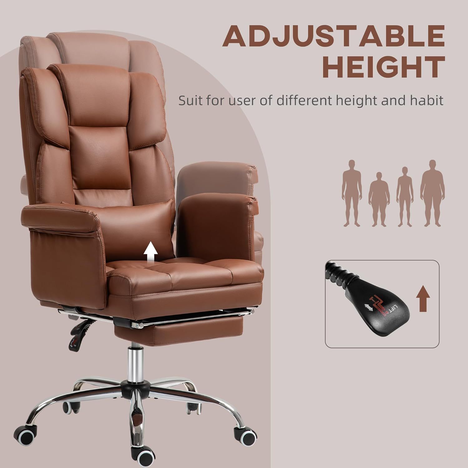 Executive Office Chair with Footrest and Lumbar Support, PU Leather Ergonomic Office Desk Chair, Reclining and Swivel Chair