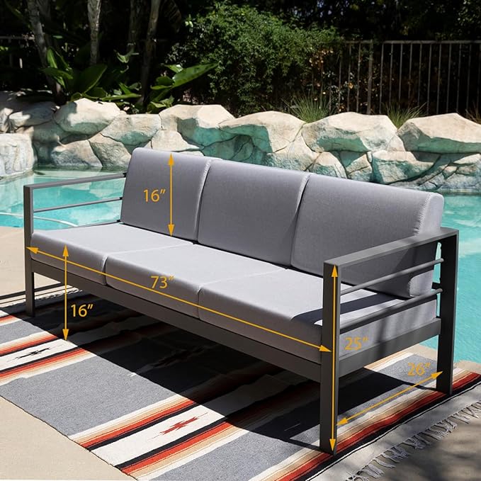3-Seat Aluminum Patio Furniture Sofa, All-Weather Modern Outdoor 3-Seat Couch with Removable, Cushions (Gray)