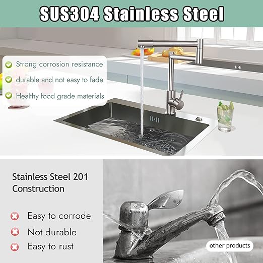 Brushed Nickel Pot Filler Faucet Deck Mounted Single Handle Double Joints Free Rotating Modern Pot Filler Deck Mounted Countertop Retractable Commercial Kitchen Sink Faucet Stainless Steel