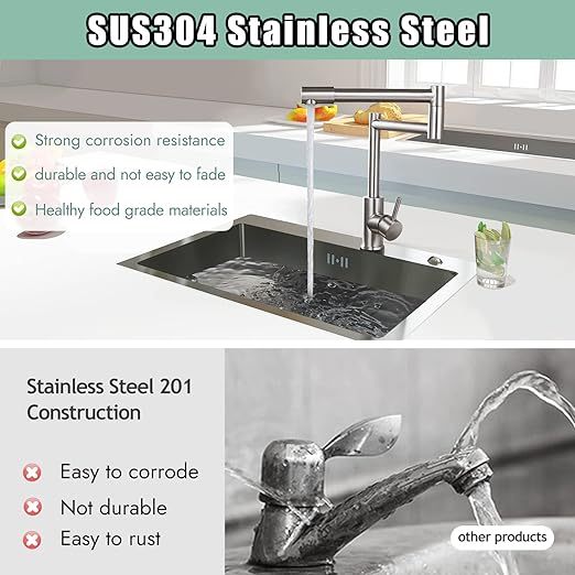 Brushed Nickel Pot Filler Faucet Deck Mounted Single Handle Double Joints Free Rotating Modern Pot Filler Deck Mounted Countertop Retractable Commercial Kitchen Sink Faucet Stainless Steel