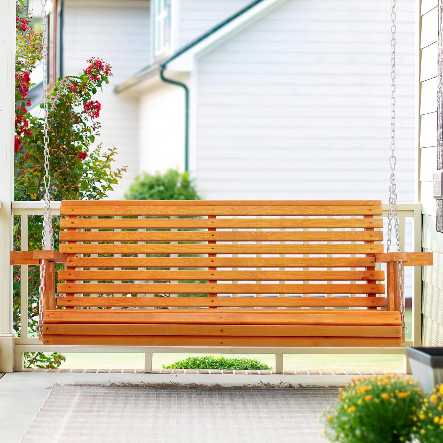 6.5FT Wooden Porch Swing 2-Seater, Outdoor Porch Swing with Cupholders, Heavy Duty 800 LBS, Swing Bench for Outdoor