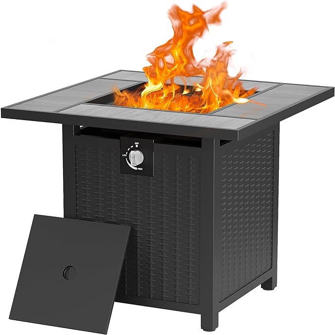 30 inch Propane Fire Pit, Square Gas Fire Pit Table with Grey Ceramic Tile Tabletop and Lid