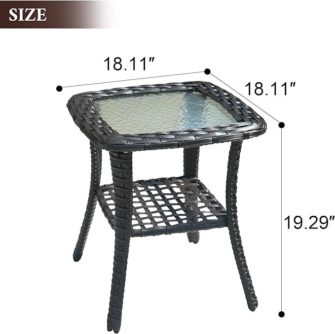 Patio Coffee Table Outdoor Rattan Wicker Side Table with Glass Top
