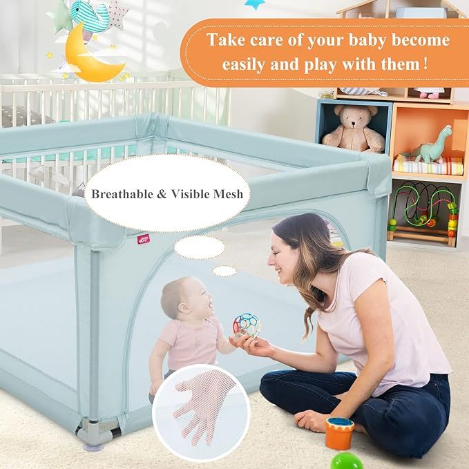 Extra Large Baby Gate Playpen w/ 50 Ocean Balls, No Gaps Infant Safety Gates with Breathable Mesh