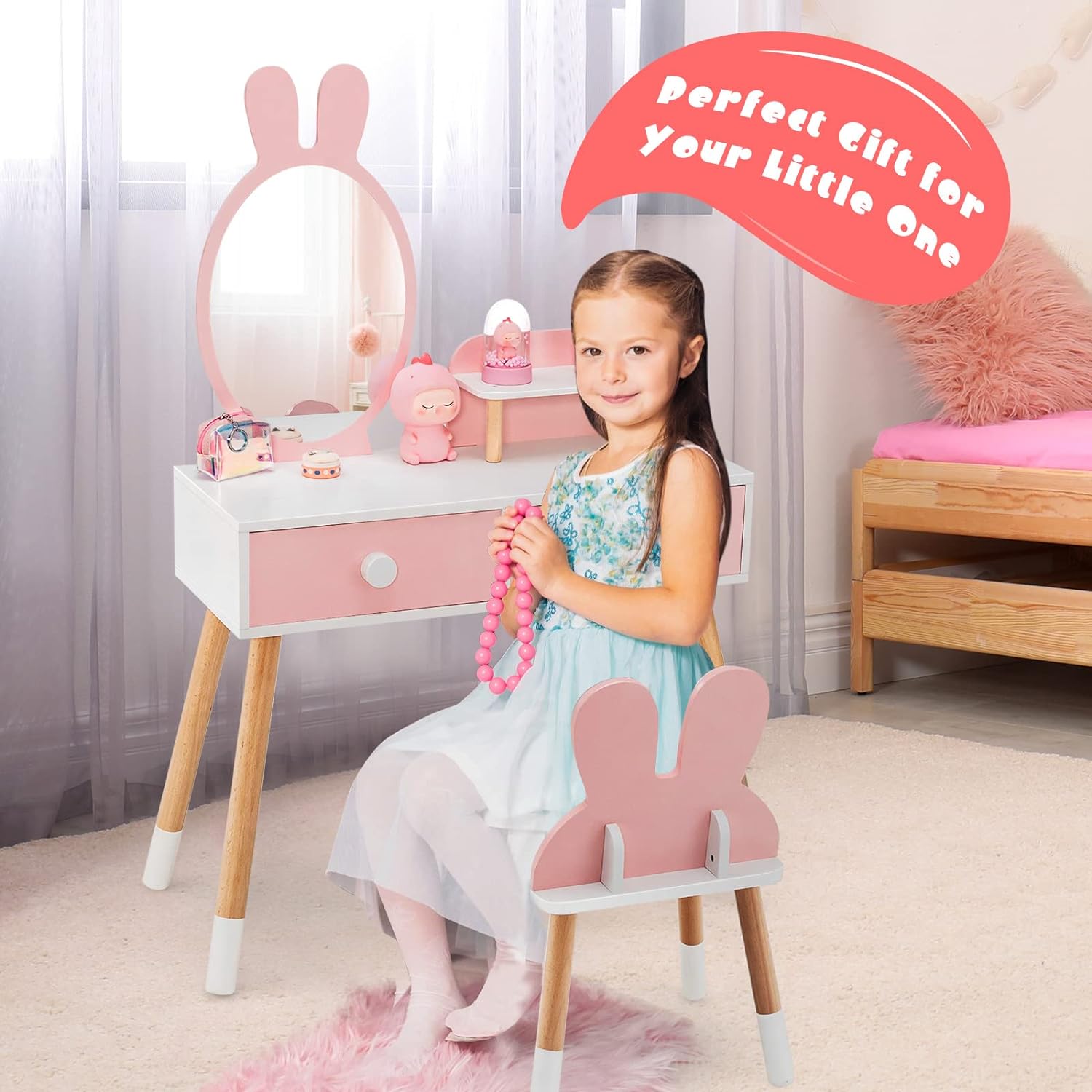 Rabbit Themed Toddler Wooden Makeup Table and Chair Set