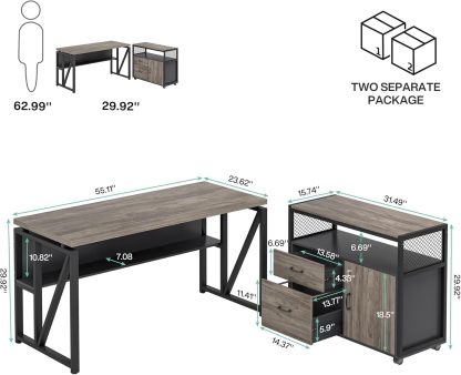 L Shaped Desk with Drawer Cabinet, 55" Executive Computer Desk and lateral File Cabinet