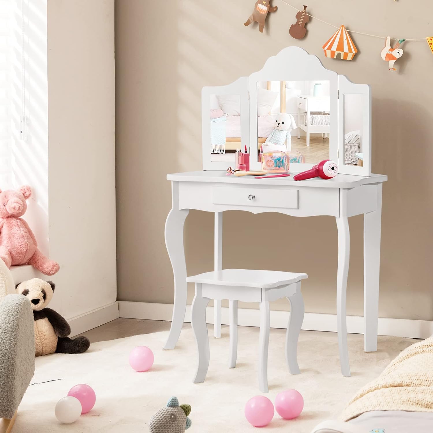 Kids Vanity Set with Mirror, 2-in-1 Wooden Toddler Vanity Table with Stool