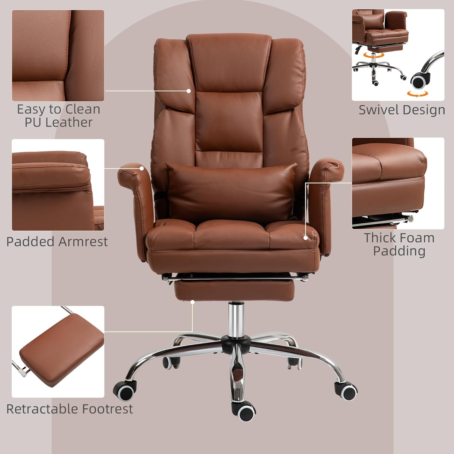 Executive Office Chair with Footrest and Lumbar Support, PU Leather Ergonomic Office Desk Chair, Reclining and Swivel Chair