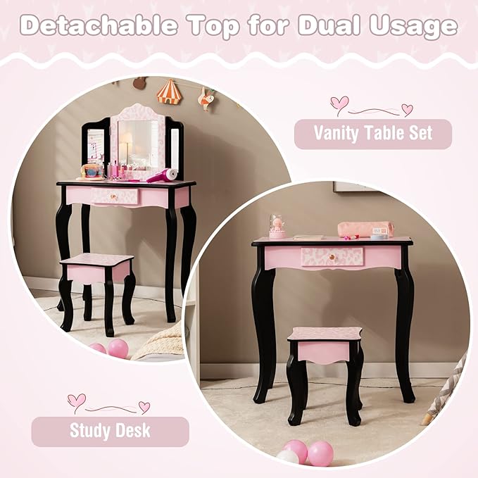 Kids Vanity, Princess Makeup Vanity Set for Little Girls, Real Glass Tri-Folding Mirror