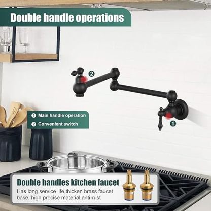 Pot Filler Kitchen Matte Black Dual Handles Wall Mount SUS304 Stainless Steel Single Hole 360 Degrees Rotation Commmercial Faucet Double Joints Modern Strechable Folding Arm Heyalan