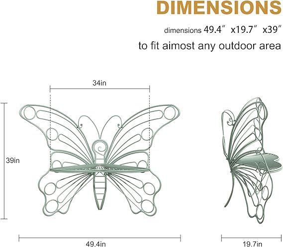 50 Inches Outdoor Bench, Cast Iron Metal Frame Patio Outdoor Garden Bench with Butterfly Inspired Pattern, Front Porch Bench for Outdoors, Deck, Lawn, Balcony, Backyard
