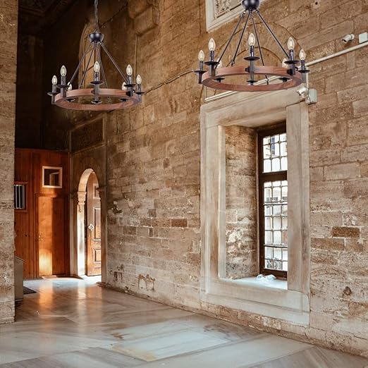 8 Lights Farmhouse Iron Chandeliers for Dining Rooms 28 inch, Wagon Wheel Chandelier Candle Style, Rustic Hanging Ceiling Light Fixture