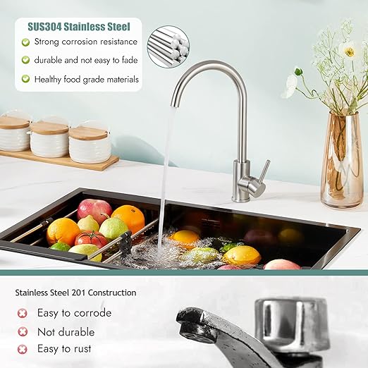 Brushed Nickel Kitchen Faucet Cold and Hot Water Single Hole 360 Degree Swivel Spout Deck Mount High Arc SUS304 Sink Bar Tap Goose Neck