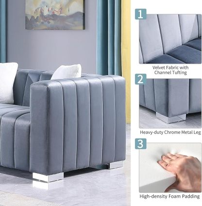 Channel Tufted Velvet 3-Seater Sofa Couch with 2 Pillows, Square Arms & Gold Metal Legs