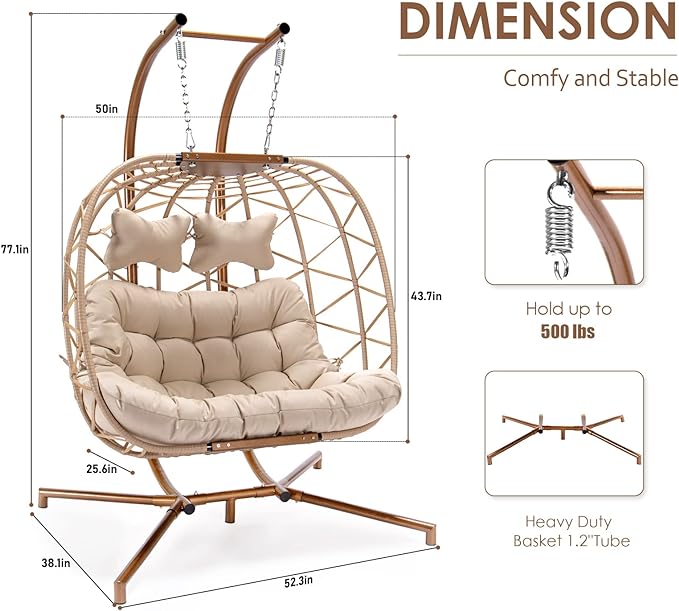 Double Egg Chair with Stand Wicker Swing Chair for 2 Person, Rattan Wicker Hanging Egg Chair