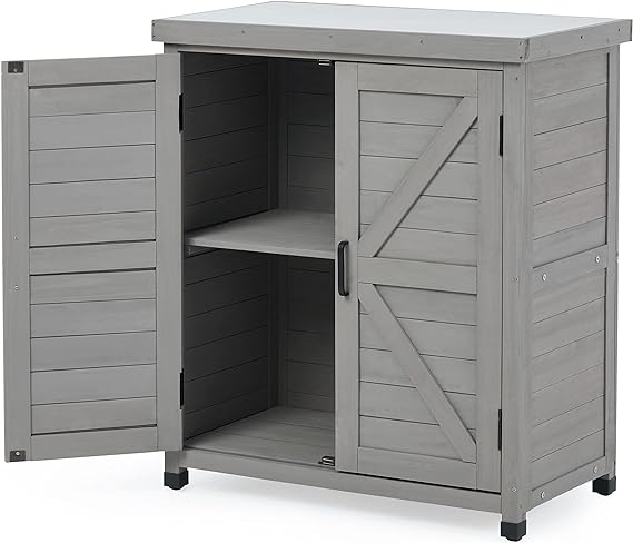 Outdoor Storage Cabinet & Potting Bench Table with Metal Top, Wooden Patio Furniture, Garden Workstation