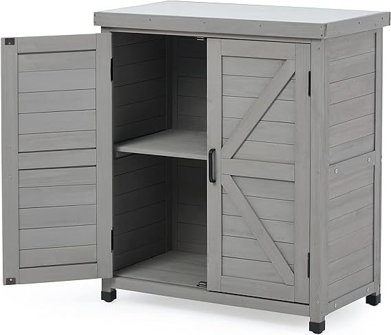 Outdoor Storage Cabinet & Potting Bench Table with Metal Top, Wooden Patio Furniture, Garden Workstation