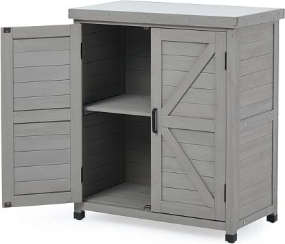 Outdoor Storage Cabinet & Potting Bench Table with Metal Top, Wooden Patio Furniture, Garden Workstation