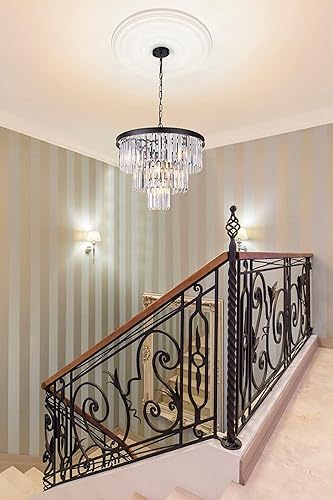 20 inch Black Crystal Chandelier, 3-Tier Contemporary Modern Bathroom Chandeliers, 7-Light Adjustable Hanging Round Ceiling Light for Bedroom, Entryway, Dining Room, Girls Room, Foyer