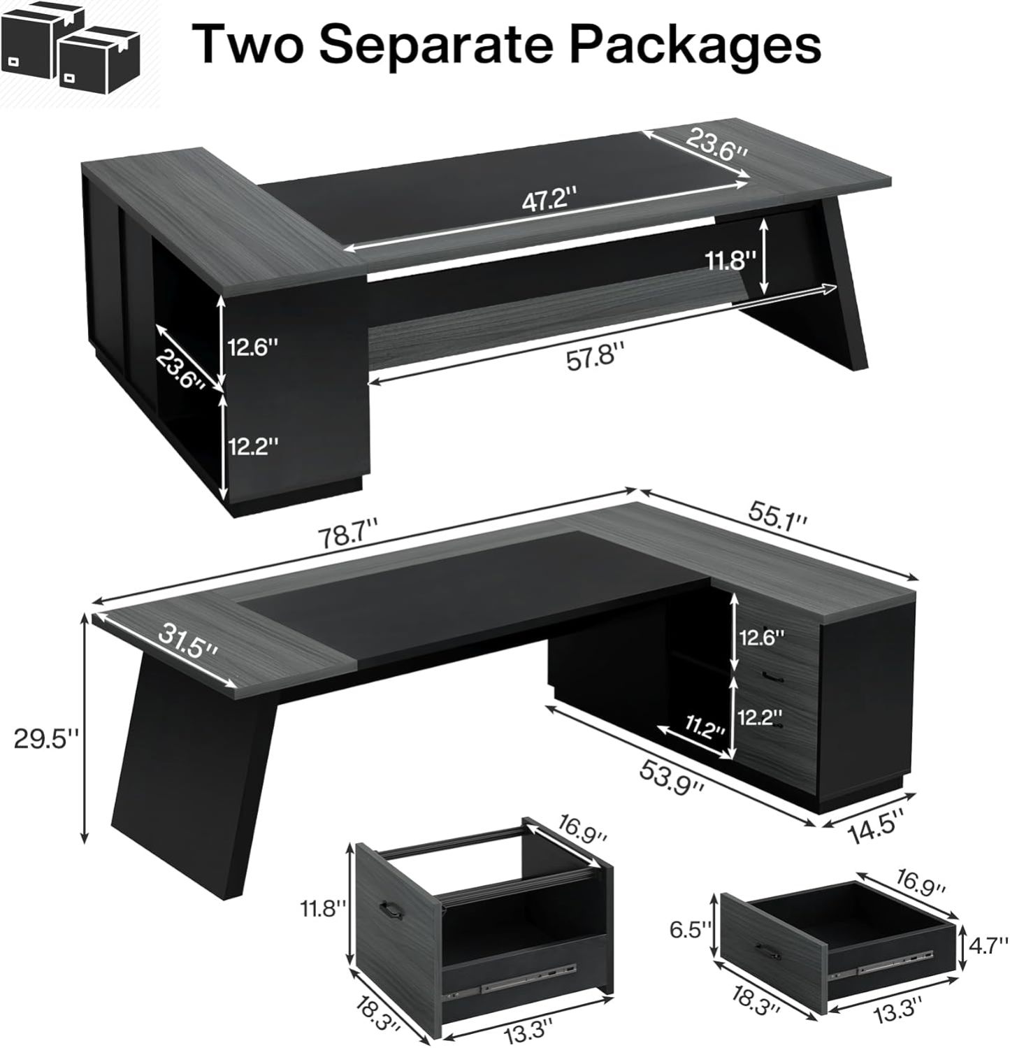 78" L-Shaped Executive Desk, Large Modern Office Desk with Drawers and Lateral File Cabinet