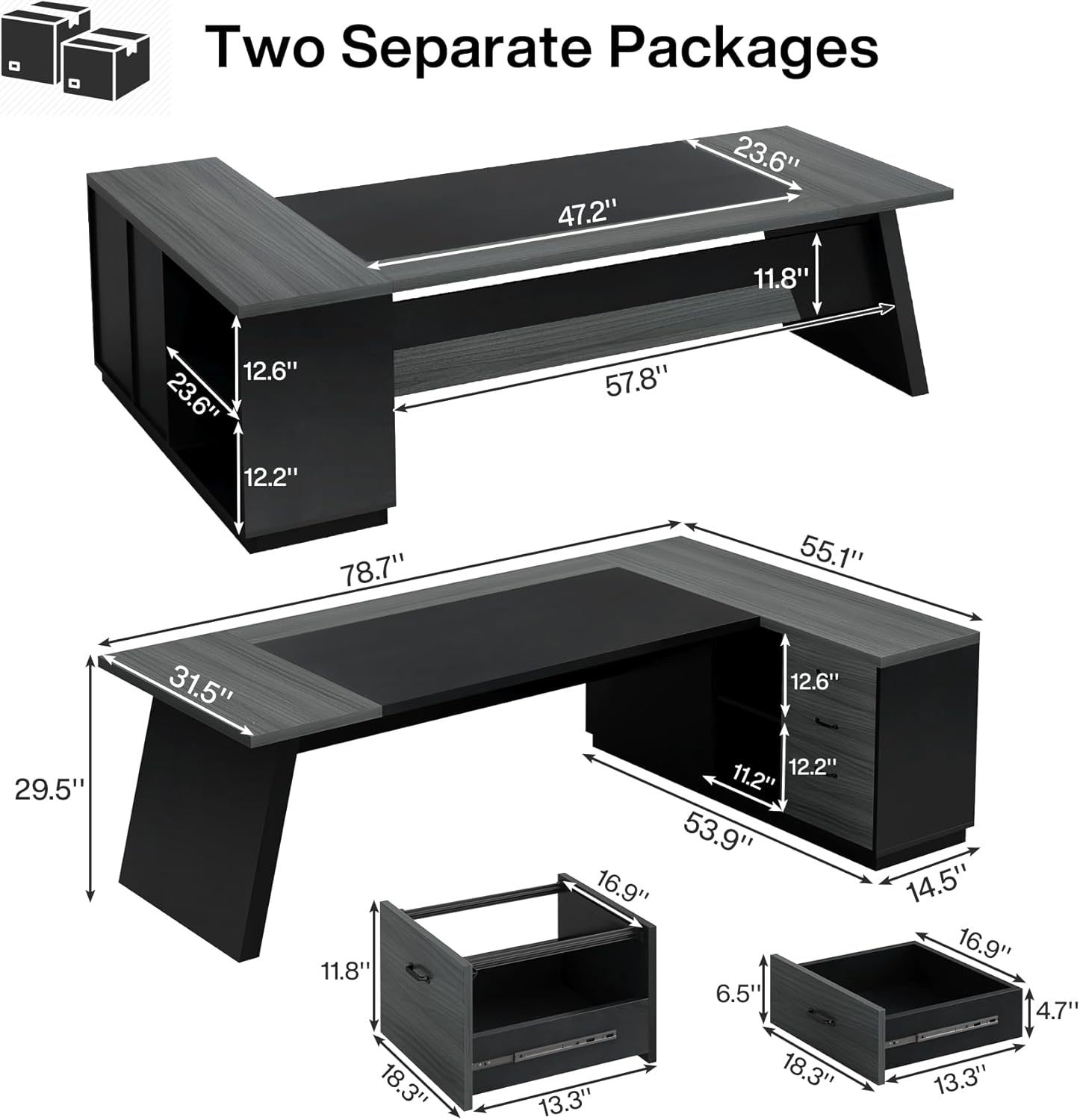 78" L-Shaped Executive Desk, Large Modern Office Desk with Drawers and Lateral File Cabinet
