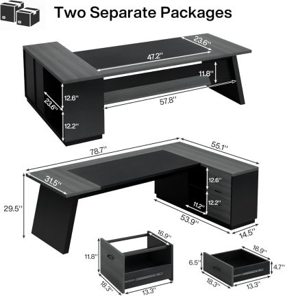 78" L-Shaped Executive Desk, Large Modern Office Desk with Drawers and Lateral File Cabinet