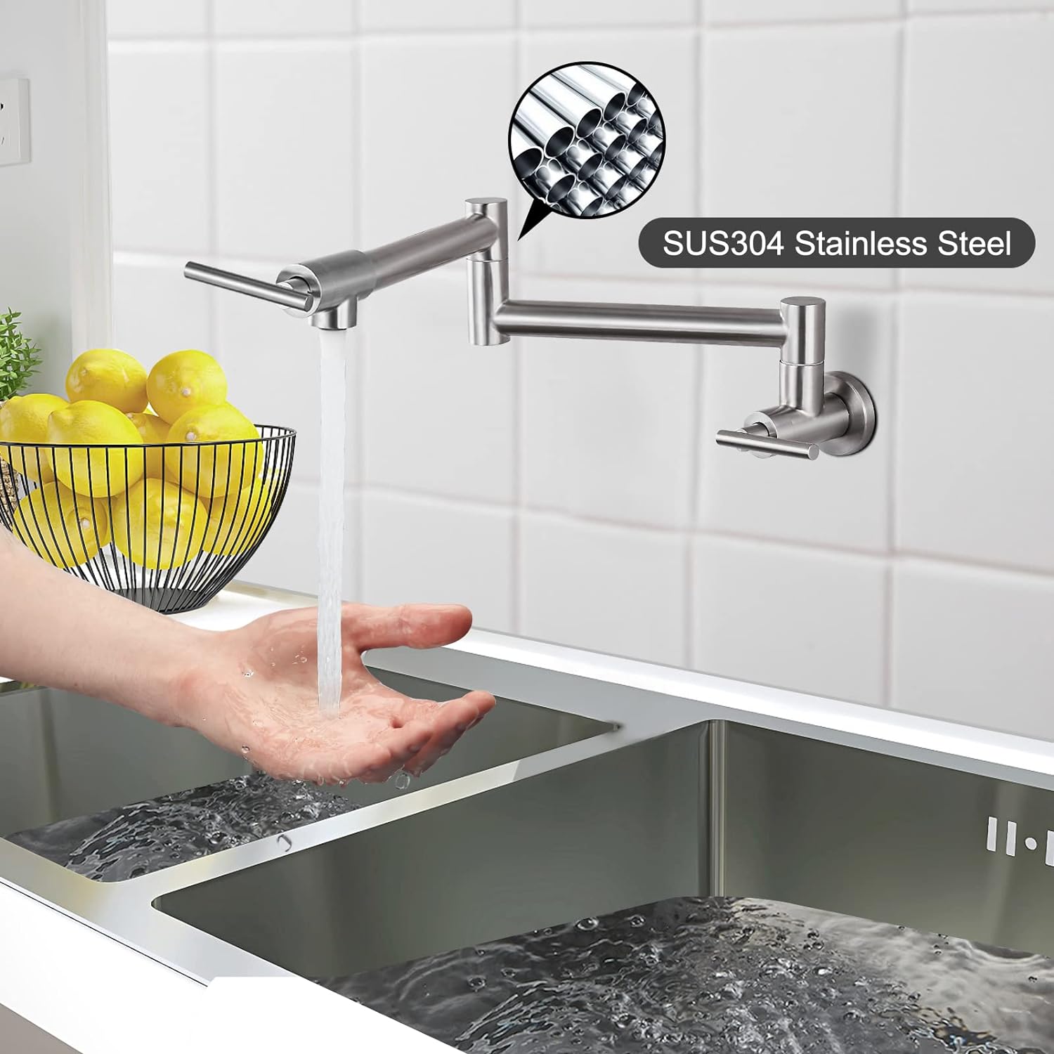 Pot Filler Faucet Wall Mounted Stainless Steel 19 Inch 304 Brushed Nickel Double Joint Swing Folding Arms with Two Handles Single Hole Commercial Kitchen Faucet Control Water