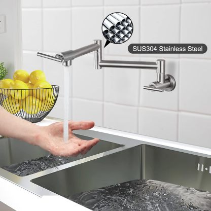Pot Filler Faucet Wall Mounted Stainless Steel 19 Inch 304 Brushed Nickel Double Joint Swing Folding Arms with Two Handles Single Hole Commercial Kitchen Faucet Control Water