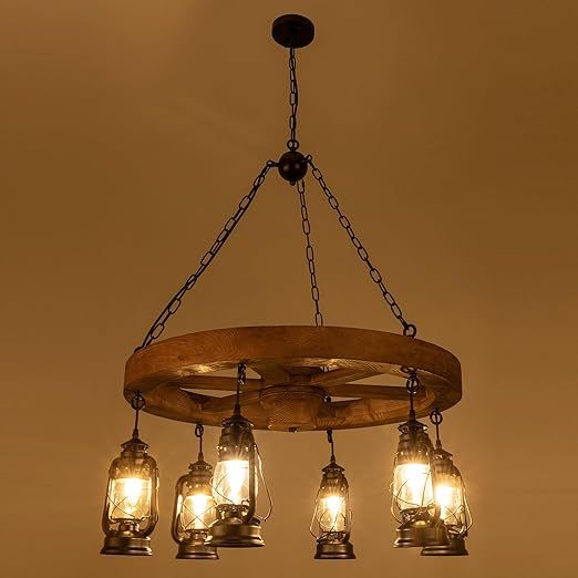 Western Wagon Wheel Chandelier with Antique Rustic Lanterns, Farmhouse Chandeliers for Dining Room