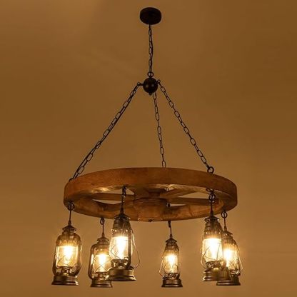 Western Wagon Wheel Chandelier with Antique Rustic Lanterns, Farmhouse Chandeliers for Dining Room
