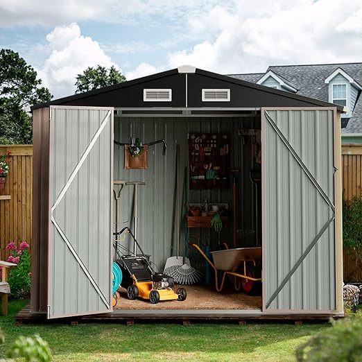 Outdoor Storage Shed 3.6x6.4FT, Utility Steel Tool Shed with Lockable Door, Galvanized Metal with Air Vents for Garden Backyard Patio Lawn