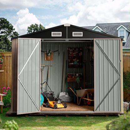 Outdoor Storage Shed 3.6x6.4FT, Utility Steel Tool Shed with Lockable Door, Galvanized Metal with Air Vents for Garden Backyard Patio Lawn