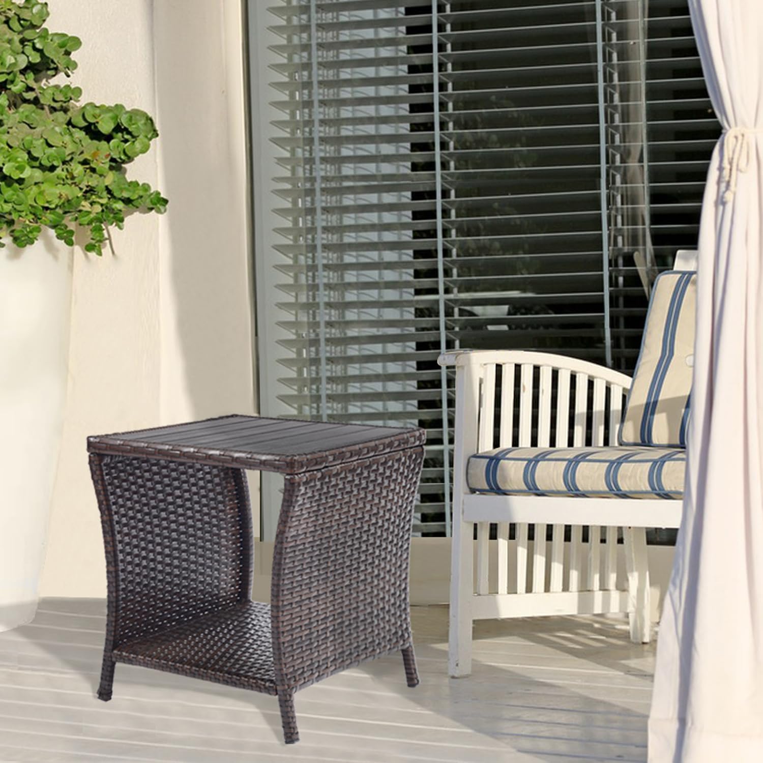 Outdoor Patio Side Table Set of 2 Small Brown Wicker Rattan End Table
