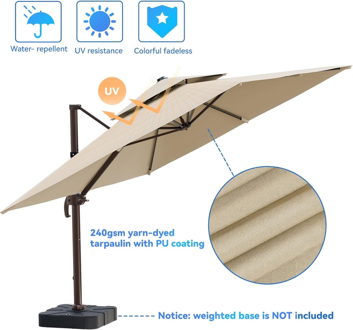 10x13FT Cantilever Outdoor Patio Umbrellas, Double Top Large Rectangle Umbrella, Heavy Duty 360° Rotation Offset Outdoor Sun Shade Umbrella for Garden Deck Pool Backyard Patio, Beige