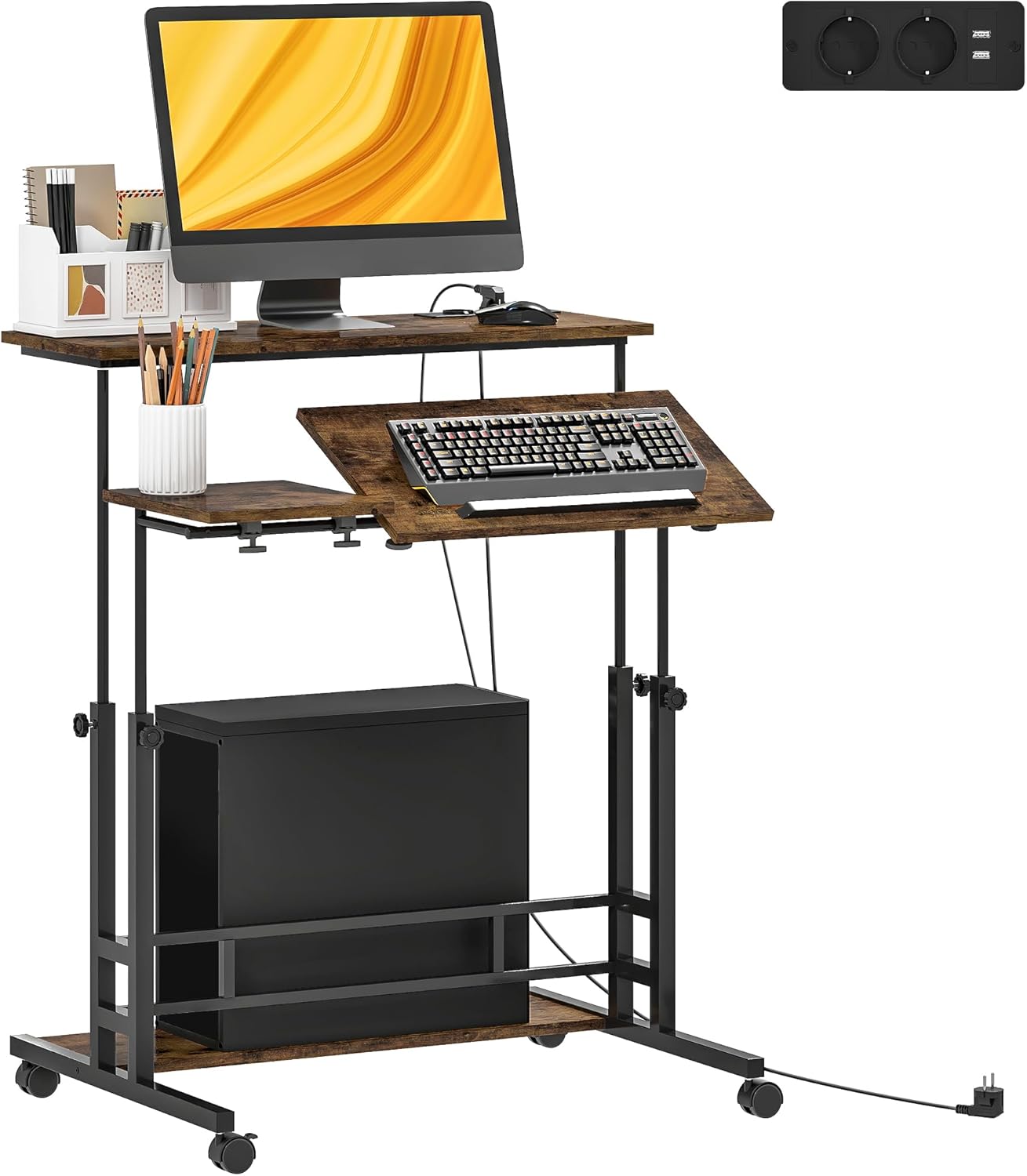 Stand Up Desk with Tiltable Tabletop, Lockable Wheels, Bottom Shelf