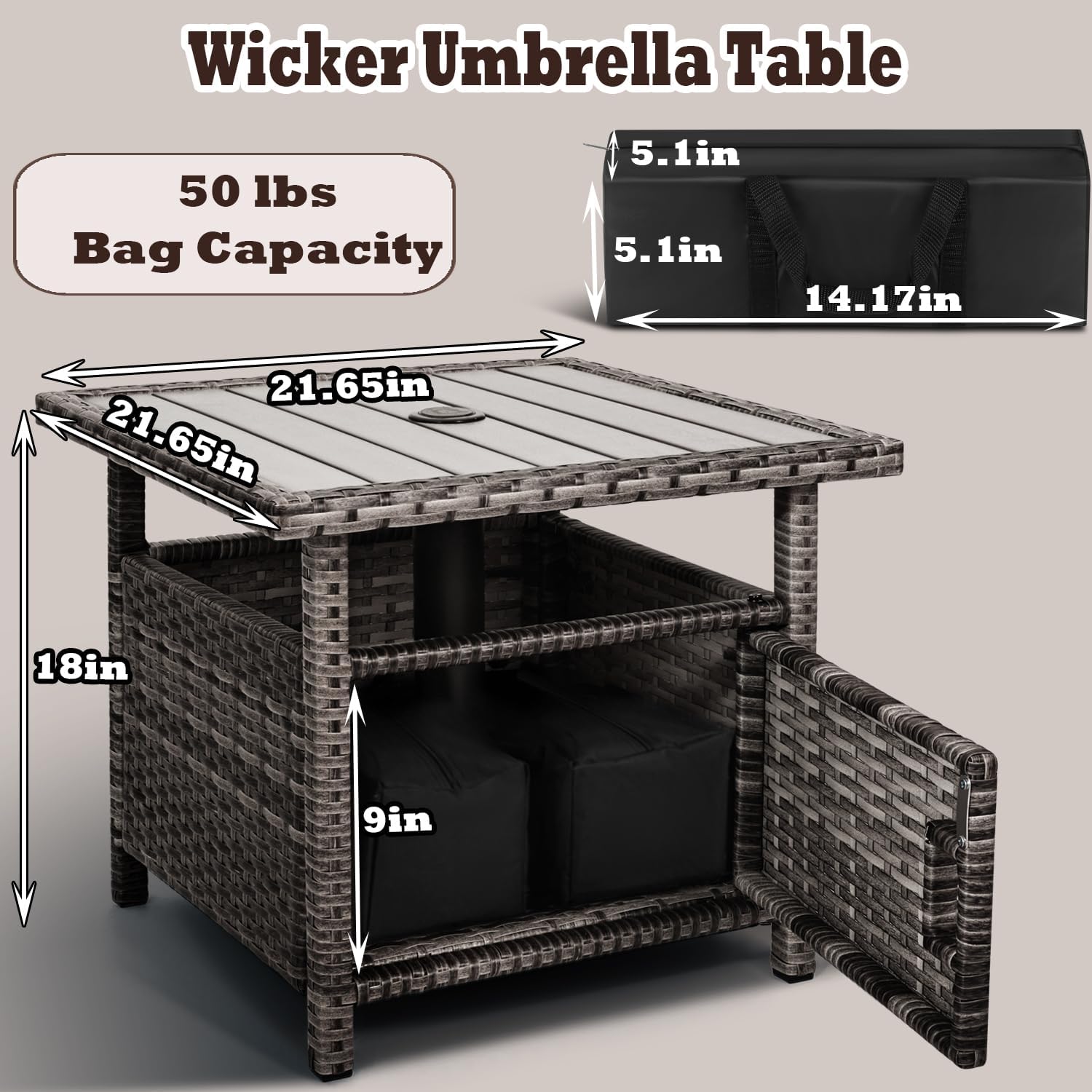 Outdoor Patio Side Table with Umbrella Hole Small Grey Wicker Umbrella Stand Table