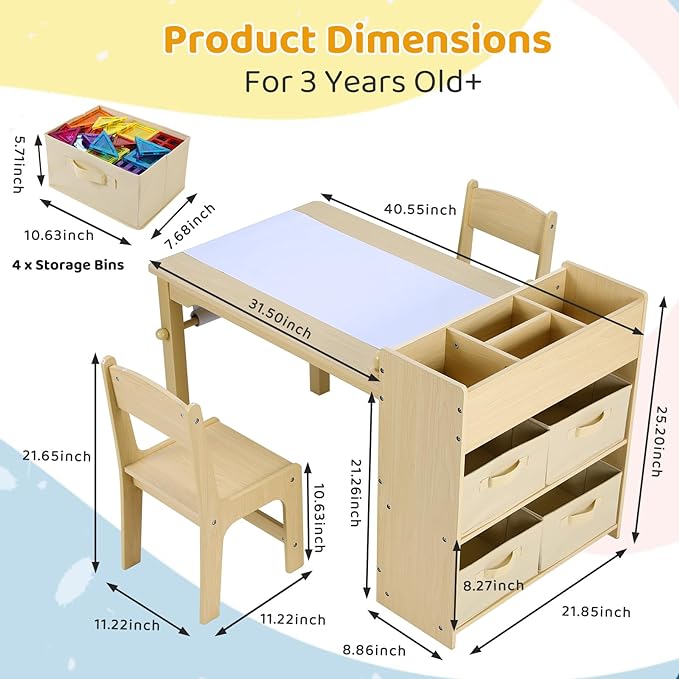 Toddler Craft Drawing Desk with Large Storage Shelves, 4 Storage Bins and Paper Roll