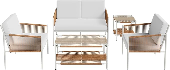 5 Piece Wicker Outdoor Patio Furniture Set, White Metal Sofa Conversation Set