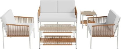 5 Piece Wicker Outdoor Patio Furniture Set, White Metal Sofa Conversation Set