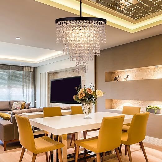 Black Crystal Chandelier 24 inch, 3-Tier Modern Round K9 Crystals Light Fixtures for Dining Room, Contemporary Pendant Light FixtureKitchen Island, Living Room, Bedroom,Foyer