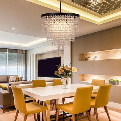 Black Crystal Chandelier 24 inch, 3-Tier Modern Round K9 Crystals Light Fixtures for Dining Room, Contemporary Pendant Light FixtureKitchen Island, Living Room, Bedroom,Foyer