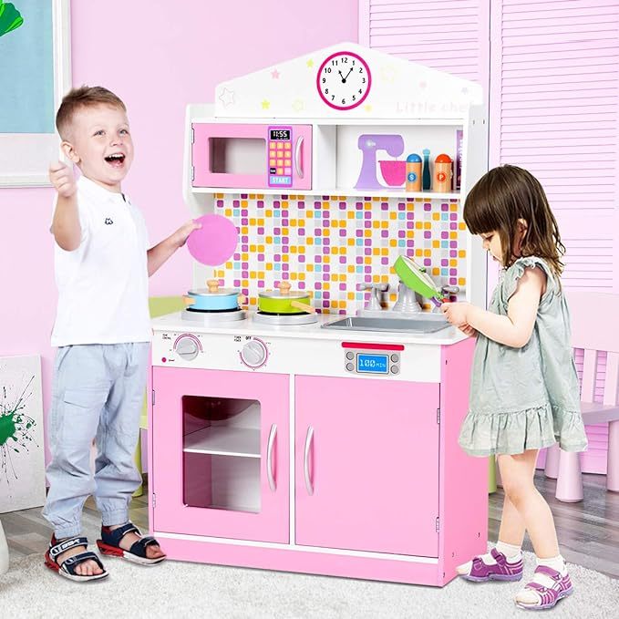 Pink Kids Kitchen Playset, Pretend Play Kitchen for Toddlers