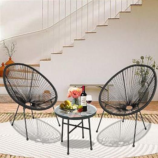 3 Piece Acapulco Conversation Set, Patio Bistro Set, All Weather Patio Set, Outdoor Furniture Rattan Chair Sets, Glass Top Table and 2 Chairs for Indoor, Lawn, Garden, Poolside (Black)