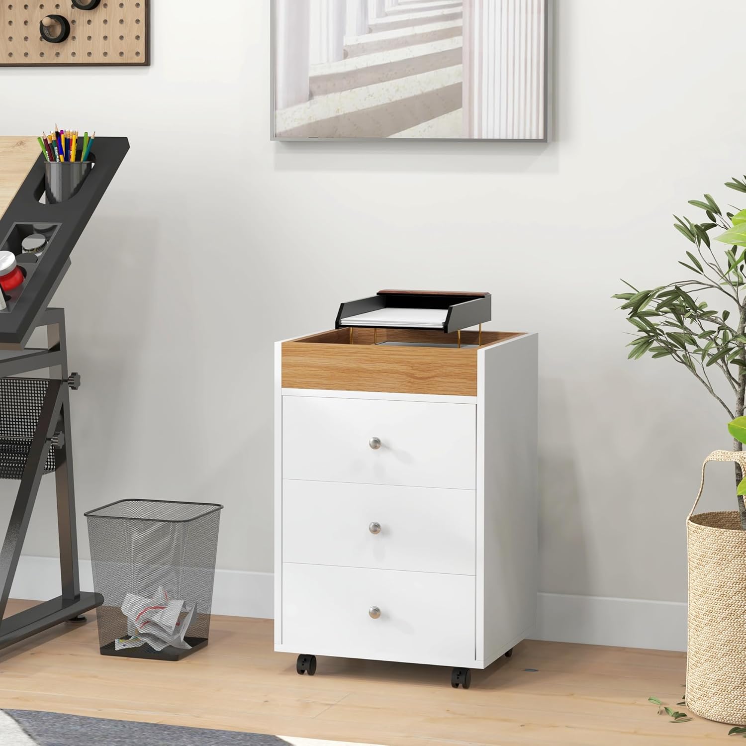 3 Drawer Home Office Storage Cabinet, Office Drawer on Wheels with Removable Tray