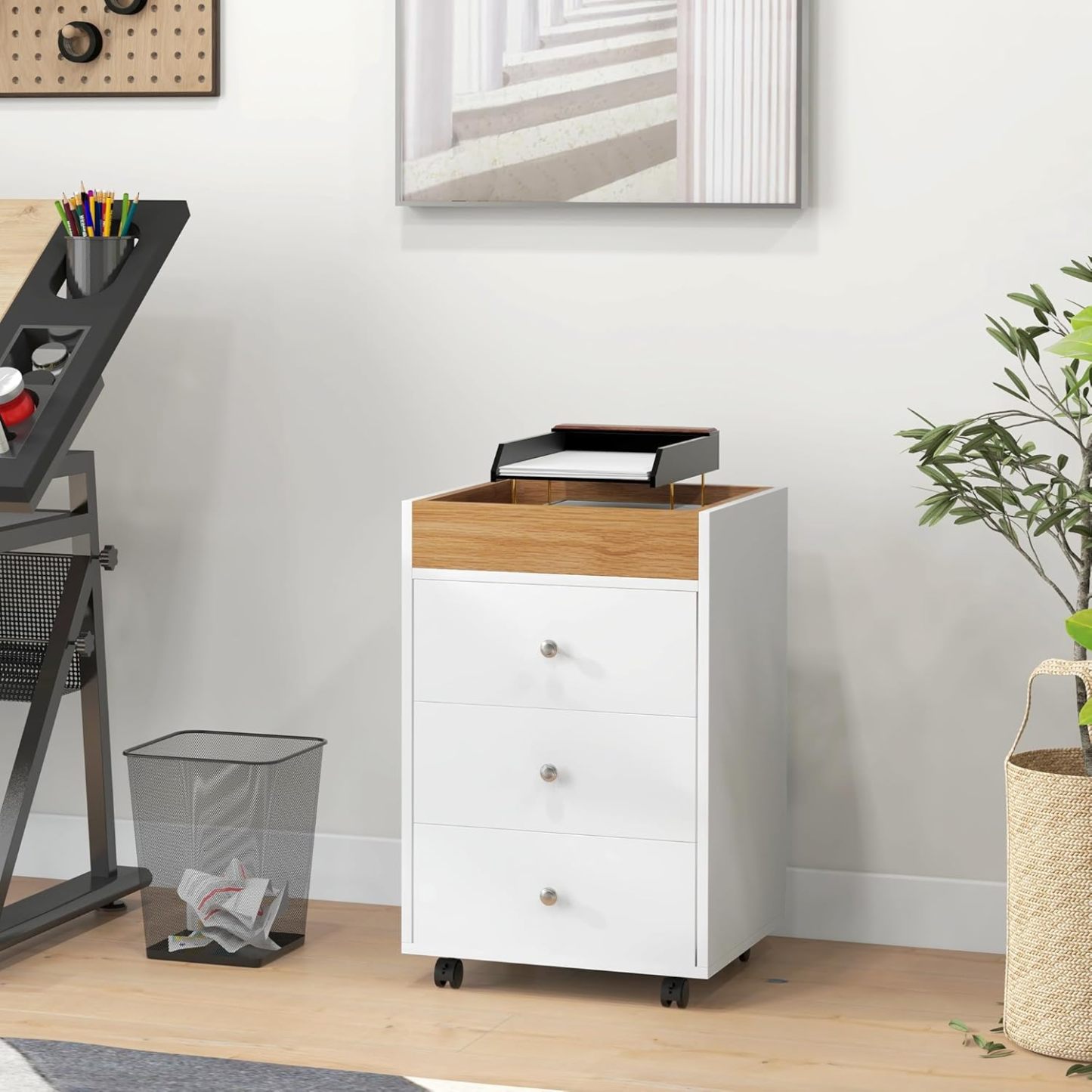 3 Drawer Home Office Storage Cabinet, Office Drawer on Wheels with Removable Tray