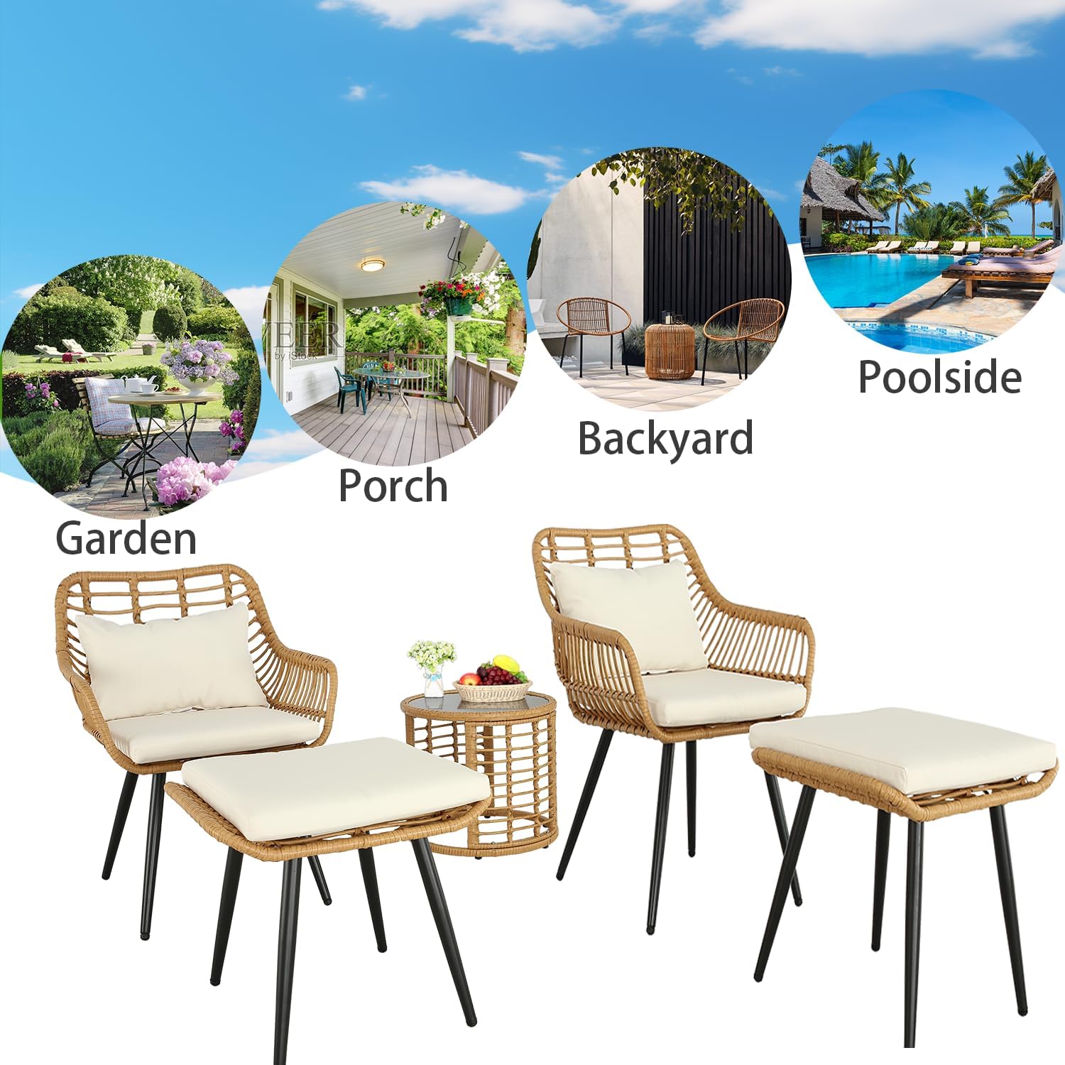 5 Piece Outdoor Bistro Set Patio Set Balcony Furniture Outdoor Furniture Rattan Chair Conversation Sets with Side Table for Porch, Backyard, Balcony (Beige, Set of 5)