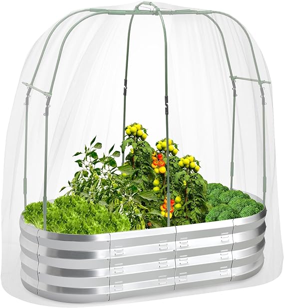 Raised Garden Bed with Greenhouse Frame and 3 Covers, Galvanized Metal Oval Planter Box for Outdoor Gardening, Tall Garden Box with Large Planting Space