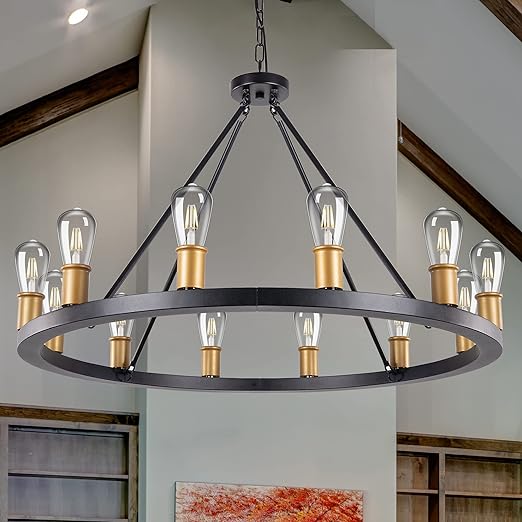 Farmhouse Chandelier,12 Lights Black Wagon Wheel Large Chandelier for Kitchen Island,Hanging Modern Farmhouse Pendant Light