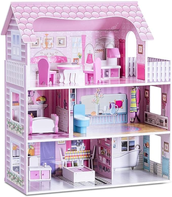 Dollhouse with 8 Pcs Furniture, 3-Level Wooden Dream Doll House