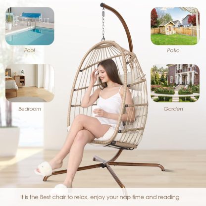 Hanging Egg Chair with Stand Outdoor Swinging Egg Chair with Water Resistant Cushion